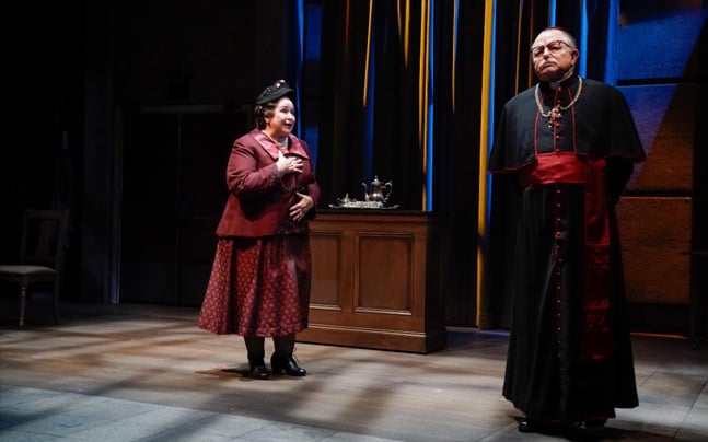 Palm Beach Dramaworks world premier of Ordinary People featuring Elizabeth Dimon as Molly Goldberg the star of the radio classic, The Goldbergs and Rob Donohoe as Cardinal Spellman. Photo credit: Alicia Donelan